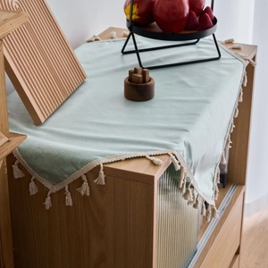 Waterproof mint green linen tablecloth with elegant cream cotton tassels for dining decor