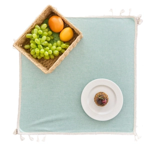 Waterproof light blue TPU tablecloth with elegant white tassels for dining decor