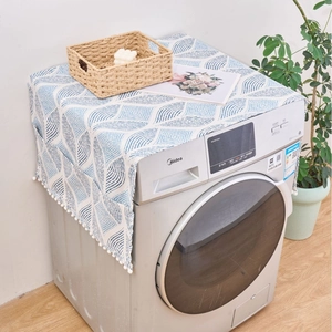 Housse de protection géométrique bleue pour machine à laver avec poches latérales