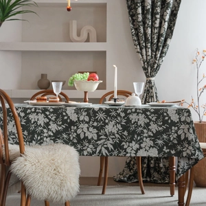 Nappe rectangulaire française vintage vert foncé à motif floral jacquard chic