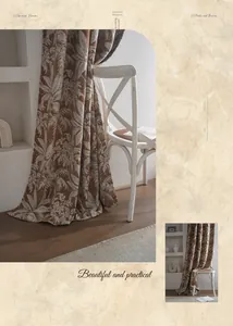 Dettaglio di tende retrò americane con trama jacquard tropicale e orlo minimalista