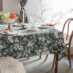 Nappe de table vintage vert foncé avec motifs floraux blancs pour tables rectangulaires