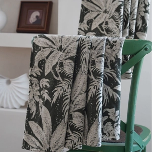 Dark green chenille curtains with tropical jacquard palm leaf patterns for living room
