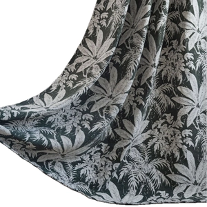 Dark green chenille curtain with white tropical palm leaf jacquard pattern and soft texture