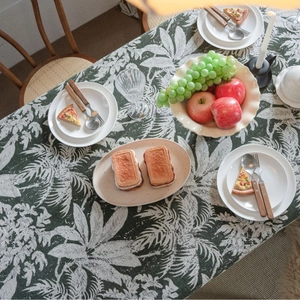 European vintage dark green jacquard tablecloth with tropical leaf pattern for dining room