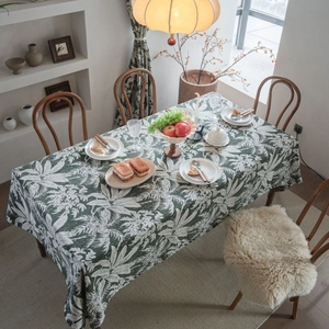 European vintage dark green tablecloth with white tropical leaf jacquard pattern