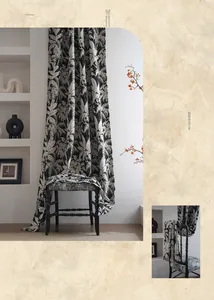 Close-up of vintage American jacquard curtain fabric with black plant leaf pattern