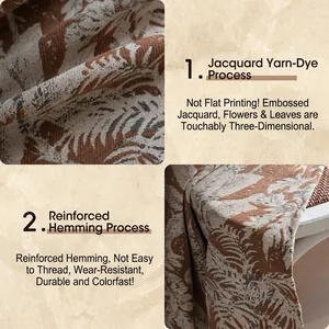Tenda in ciniglia jacquard marrone con motivi botanici e bordo rinforzato resistente