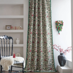 American Christmas Holly Berry Jacquard Curtain With Tassels Cotton Polyester Semi Shading Kitchen Cafe Door Curtain Decor