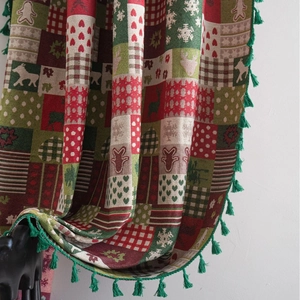 Christmas Gingerbread Man Jacquard Curtain Polyester Cotton Reindeer Plaid Semi-shading Festive Curtain With Tassels For Kitchen Home Decor