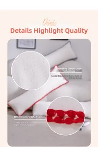 Detail of cream pillow with red wavy embroidery and textured linen-like fabric