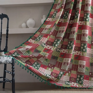 Christmas jacquard curtain with gingerbread man pattern and green tassel fringe