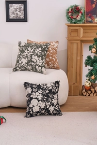 Thick chenille jacquard pillow covers with floral pattern in black, green, and brown colors