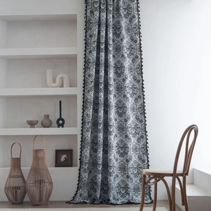 French Vintage Jacquard Damask Curtains With Tassels Semi Shading Polyester Cotton Rod Pocket Window Drapes For Home Decor
