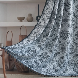 French retro jacquard blackout curtain with vintage black damask pattern and tassel trim