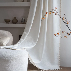 French retro cream jacquard curtain with damascus relief pattern and decorative tassels