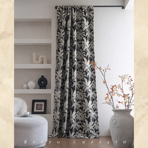 Retro black and white chenille curtain with jacquard tropical leaf patterns for living rooms
