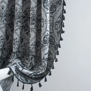 French retro jacquard curtain with black tassel fringe and elegant embossed pattern