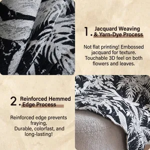 Thick jacquard chenille curtains with black and white leaf pattern and reinforced edges