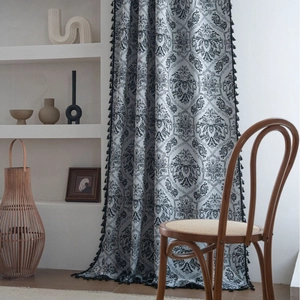 French retro jacquard curtain with black damascus pattern and fringe tassel edge