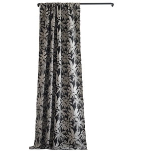 Tropical palm leaf jacquard chenille curtain in black and white with rod pocket top