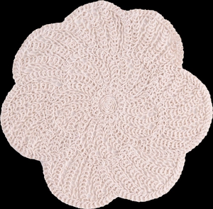 Macro detail of hand-crocheted cream cotton tea coaster with floral spiral pattern
