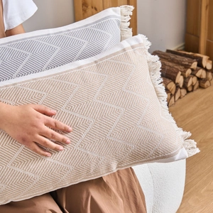 Bohemian lumbar pillow with geometric jacquard texture and tassels for living room sofa