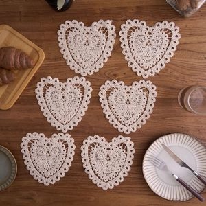 Set of 6 handmade heart-shaped cotton crochet coasters in cream for tea and home decor