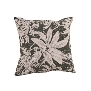 Thick chenille jacquard throw pillow with tropical leaf pattern in olive and cream