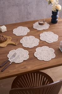 Set of 6 handmade crochet cotton coasters in floral shape with beige woven texture