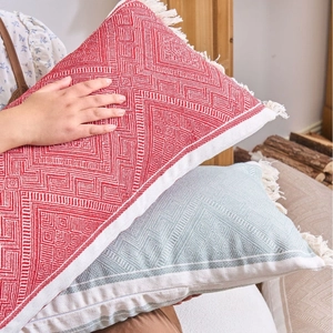 Bohemian jacquard lumbar pillow with geometric patterns and decorative white tassels