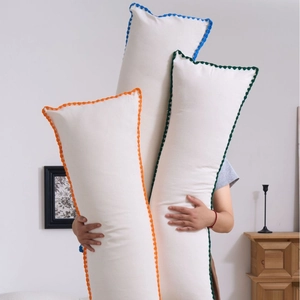 Nordic Minimalist Long Rectangular Lumbar Pillow With Scalloped Pom Pom Edge Embroidery Linen Look Decorative Sofa Pillow