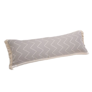 Nordic lumbar pillow with gray geometric wave pattern and fringed tassels on white background