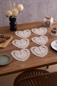 Set of 6 handcrafted heart-shaped crochet cotton coasters in beige for tea ceremonies