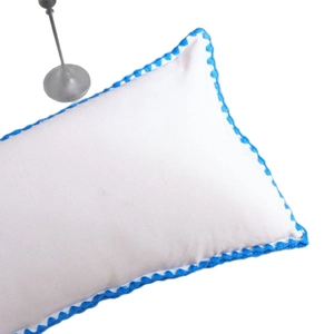 White lumbar pillow with blue scalloped edge embroidery for sofa and home decor