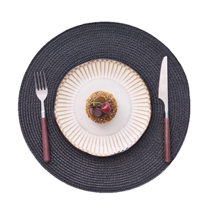 38cm round black woven placemat with ceramic plate and wooden handle cutlery set