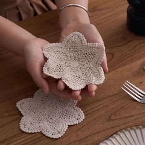 Handcrafted hexagonal crochet cotton coasters set of two in cream white for tea set decor