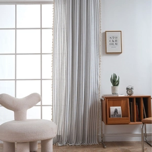 French Style Cotton Linen Striped Curtains With Tassels Yarn Dyed Semi Blackout Window Drapes For Bedroom Living Room Home Decor