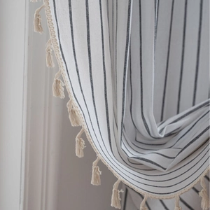 French style plaid semi-blackout curtains with white cotton linen fabric and tassels