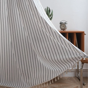 Minimalist black and white striped cotton linen curtain with elegant tassel edges