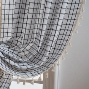 French style black and white checkered window curtain with decorative cream fringe tassels