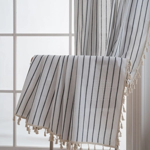 Linen texture plaid curtain with black stripes and decorative tassels for home decor