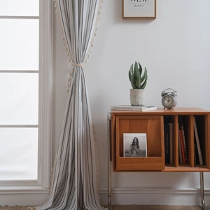 Minimalist striped cotton linen curtain with tassel fringe and matching tieback