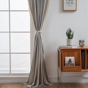 Grey and beige striped curtain with tassel trim and tieback for a modern living room