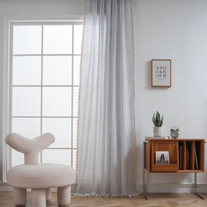 French style striped linen curtain with beige tassels, minimalist Nordic window treatment