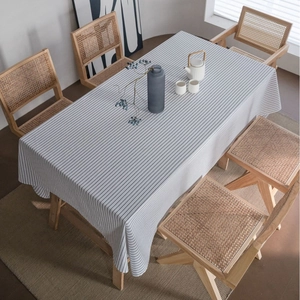 Modern rectangle cotton linen tablecloth with minimalist grey stripes for dining room decor