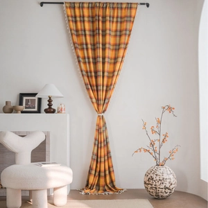 Orange plaid French curtains with white fringe tassels for a vintage Nordic home decor