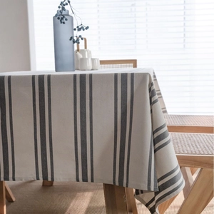 Modern minimalist beige and grey striped tablecloth in high-quality cotton linen blend