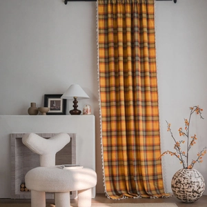 Retro orange plaid French curtains with decorative white fringe tassels for living rooms