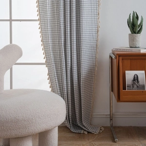 Nordic black and white checkered window curtains with fringe tassels for a modern home decor